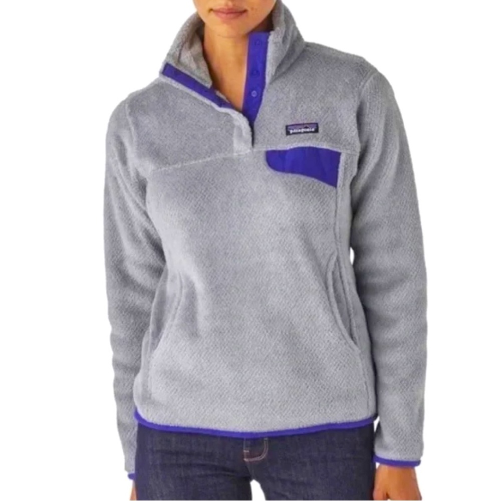 PATAGONIA Gray Nickel & Purple Re-Tool Snap T Pullover Fleece Sz Medium Women’s